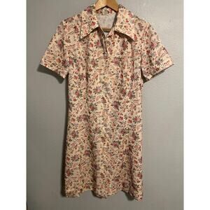 Vintage Americana Dress Womens 16 Cream Floral Shirt Button Up Cottagecore 70s